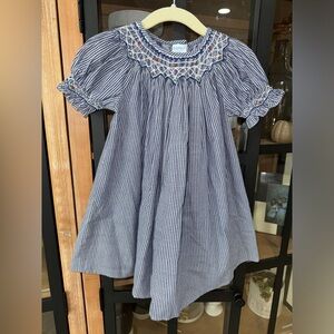 Vintage Smock dress navy gingham bishop rosettes embroidered toddler girl roses